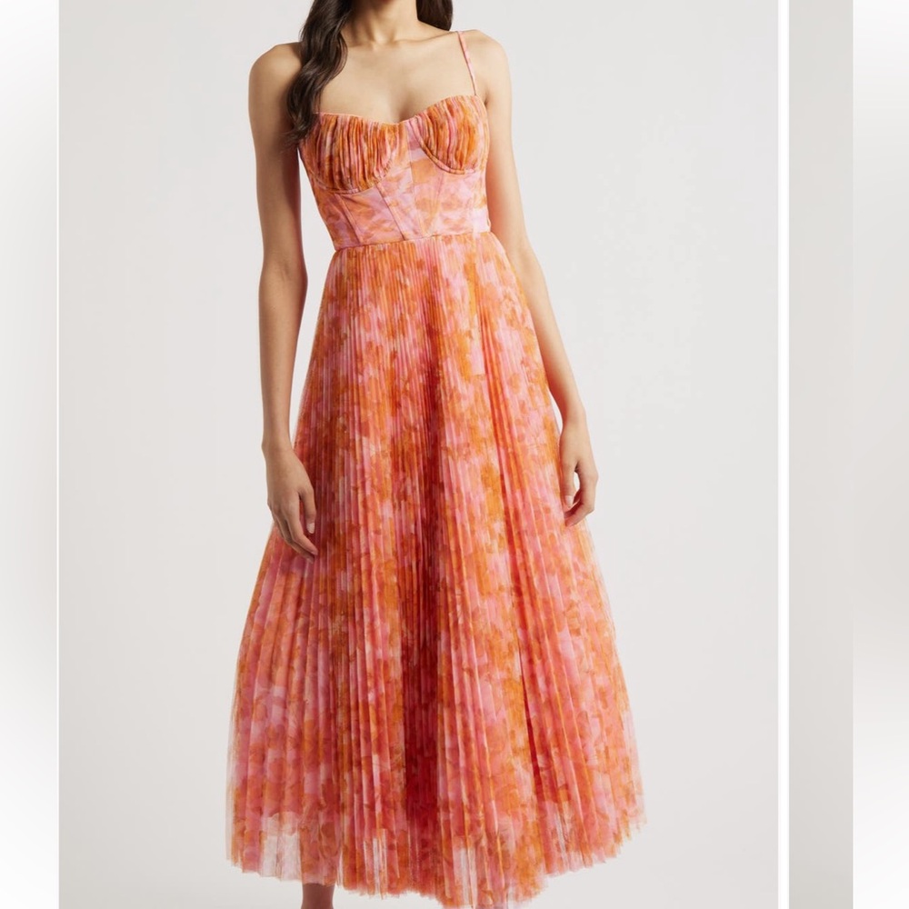 Hutch Pleated Cocktail Dress in Gold Floral